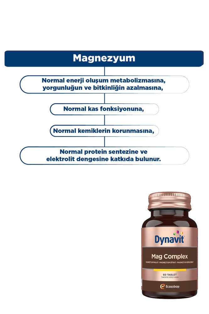 Dynavit Mag Complex 200mg Magnezyum Kompleks 3lü Form (Malat-Sitrat-Bisglisinat) 60 Tab - Magnesium Complex