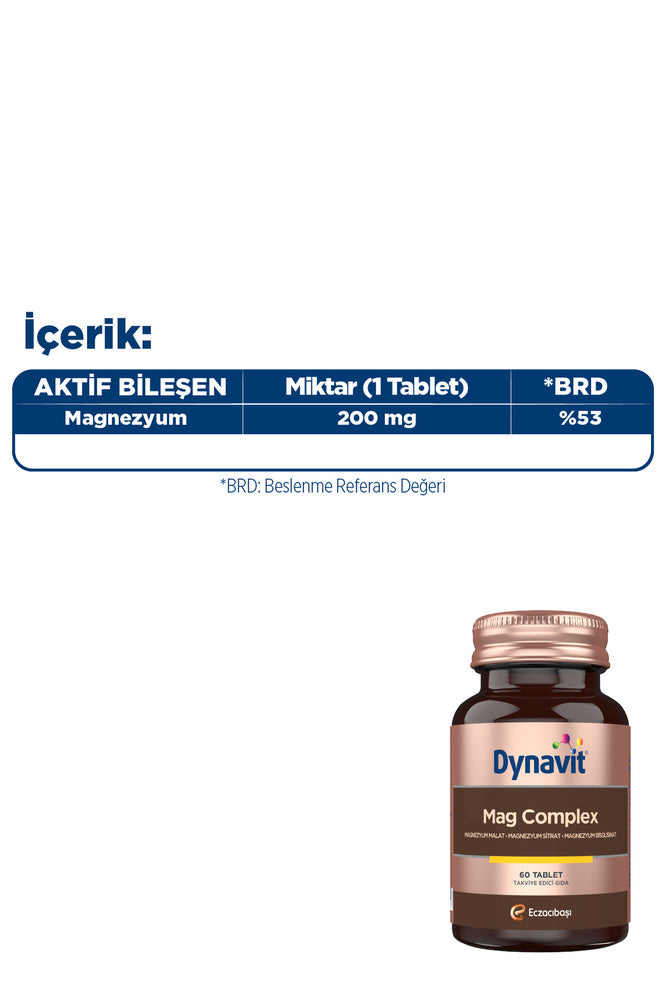 Dynavit Mag Complex 200mg Magnezyum Kompleks 3lü Form (Malat-Sitrat-Bisglisinat) 60 Tab - Magnesium Complex