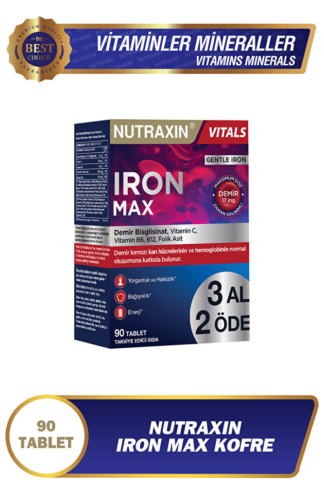 Nutraxin Iron Max 17 Mg 90 Tablet Avantajlı Paket - Gentle Iron, Vitamin C, B12, B6, 3 Aylık Kullanım