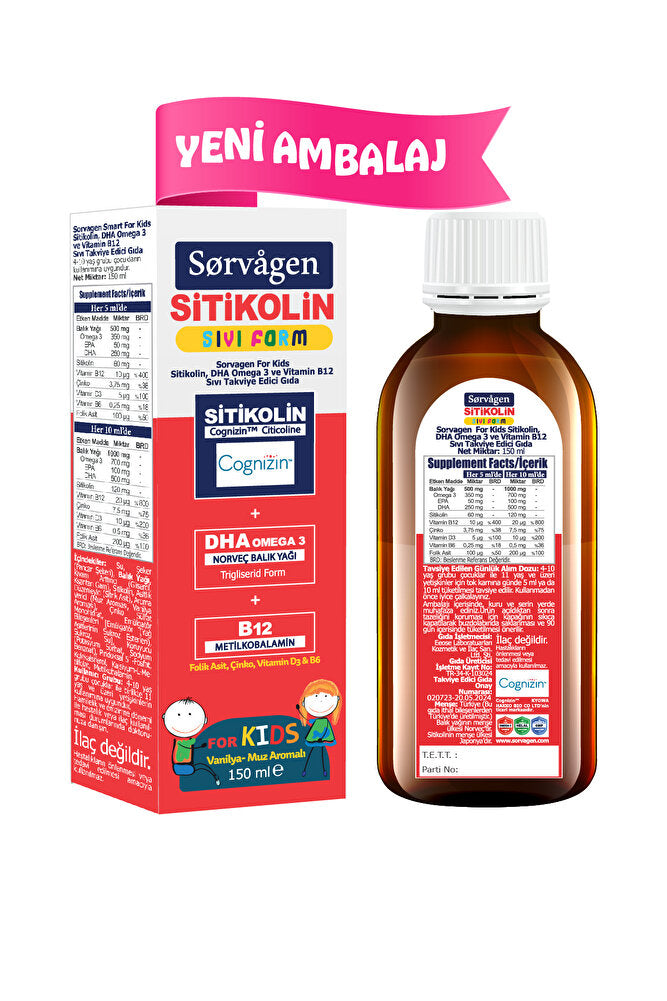 Sorvagen Kids Sıvı Form - Sitikolin DHA Omega 3 Norveç Balık Yağı ve B12 - 150 ml