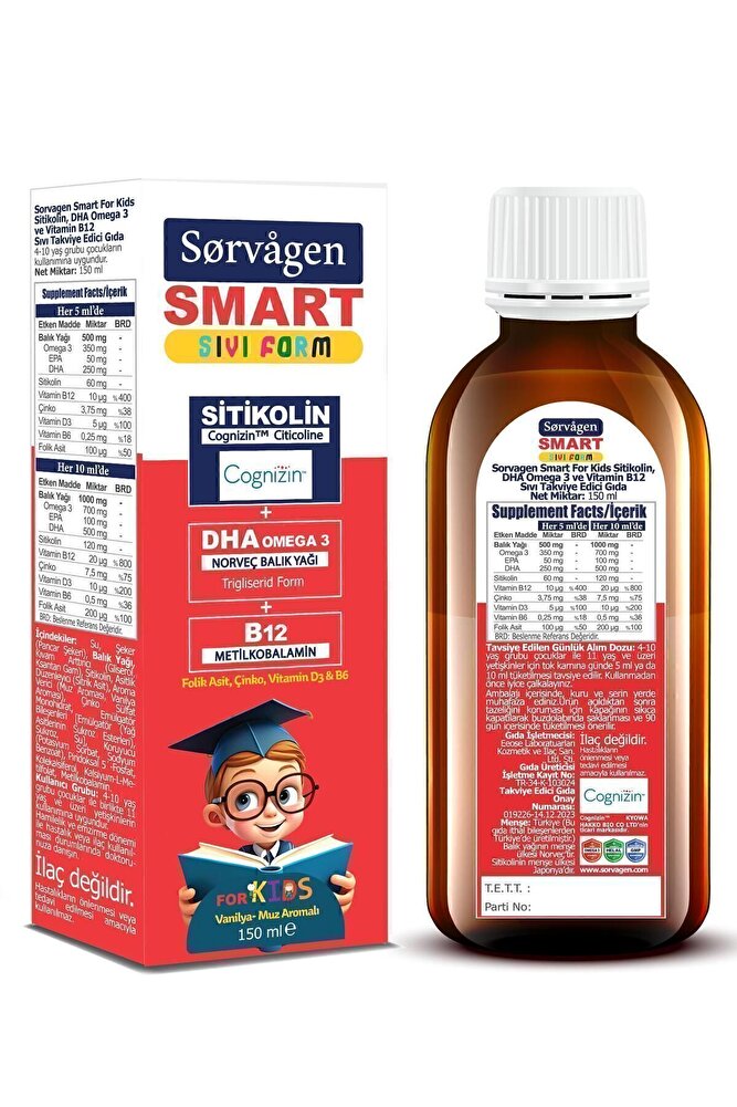 Sorvagen Kids Sıvı Form - Sitikolin DHA Omega 3 Norveç Balık Yağı ve B12 - 150 ml