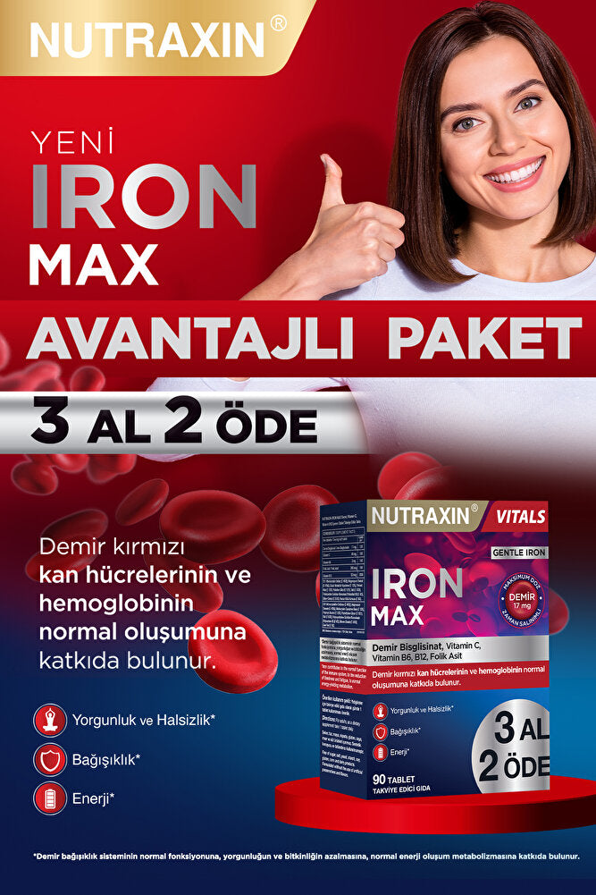 Nutraxin Iron Max 17 Mg 90 Tablet Avantajlı Paket - Gentle Iron, Vitamin C, B12, B6, 3 Aylık Kullanım
